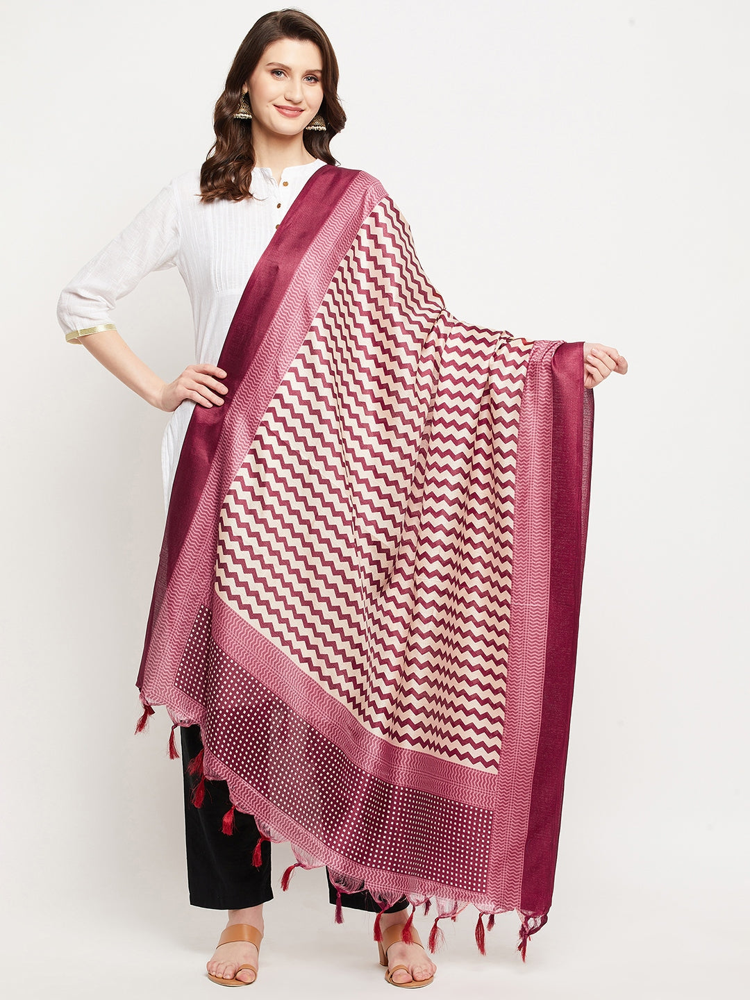 Maroon printed silk dupatta with ethnic design from Clora Creation.