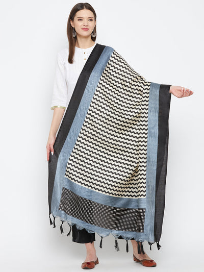 Black Printed Silk Dupatta with ethnic design by Clora Creation.