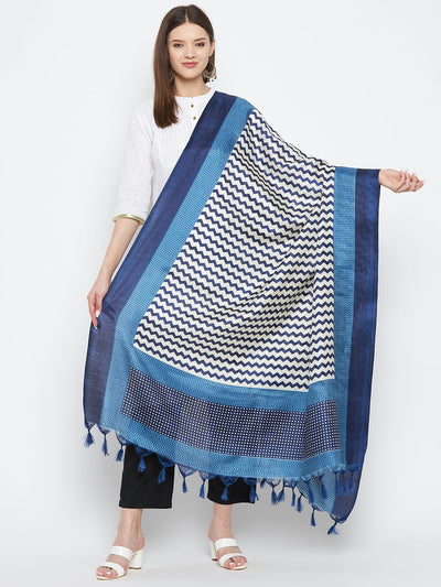 Navy Blue Printed Silk Dupatta