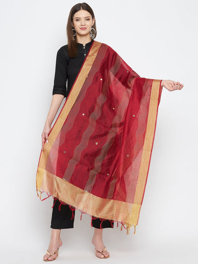 Maroon Embellished Silk Blend Dupatta with ethnic design by Clora Creation.