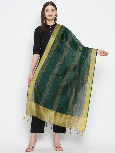 Bottle Green Embellished Silk Blend Dupatta featuring ethnic design by Clora Creation.