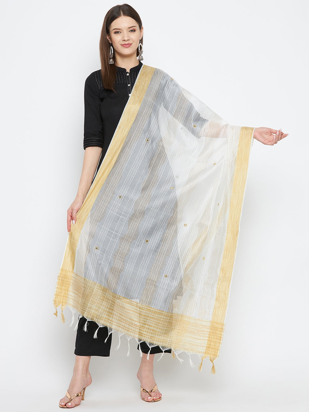 White embellished silk blend dupatta with ethnic design by Clora Creation.