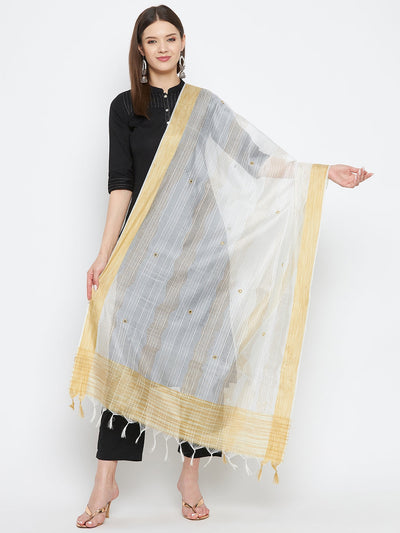 White embellished silk blend dupatta with ethnic design by Clora Creation.