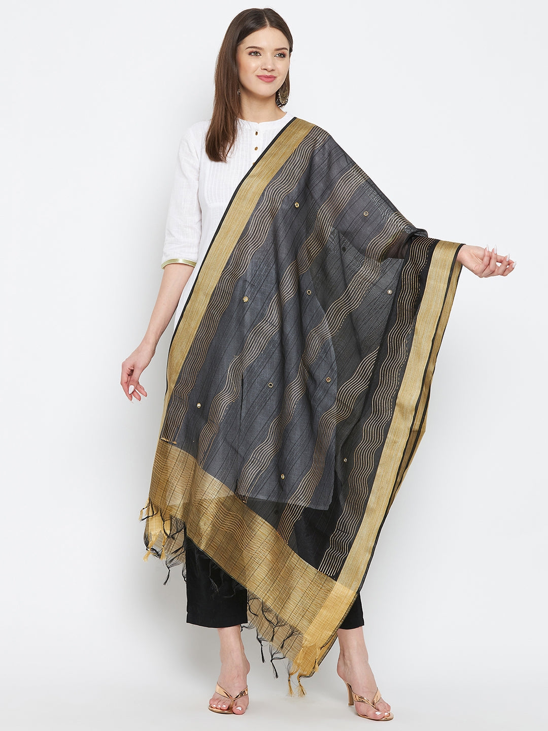 Black Embellished Silk Blend Dupatta