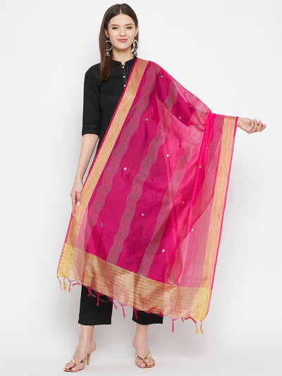 Magenta Embellished Silk Blend Dupatta with gold detailing and tassels.