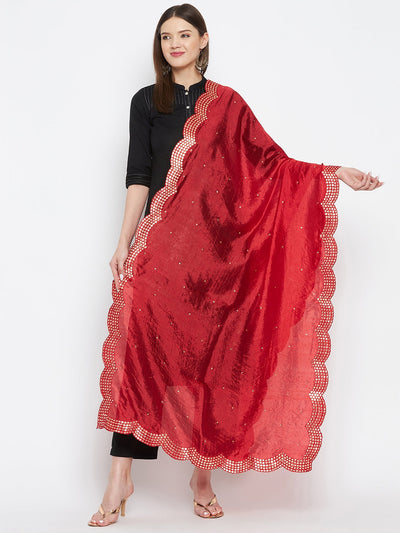 Red embellished silk dupatta by Clora Creation, showcasing ethnic design.