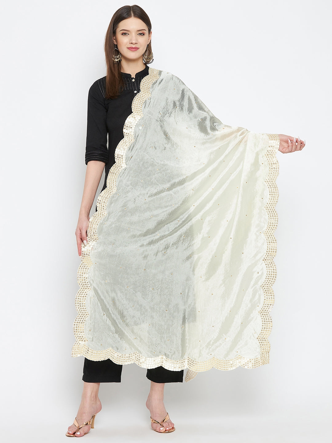 Off-White Embellished Silk Dupatta