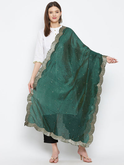 Bottle Green Embellished Silk Dupatta with intricate design from Clora Creation.