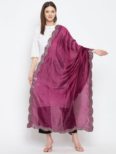 Wine Embellished Silk Dupatta from Clora Creation with ethnic design.