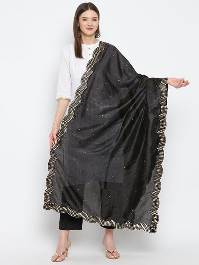 Black embellished silk dupatta showcasing ethnic design from Clora Creation.