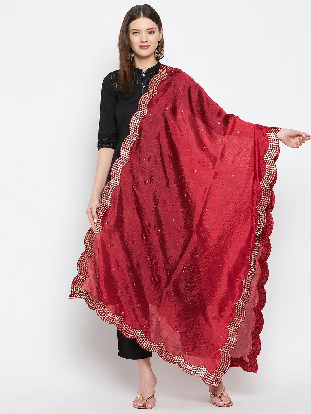 Maroon Embellished Silk Dupatta