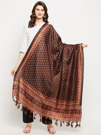 Coffee printed silk blend dupatta with ethnic design.