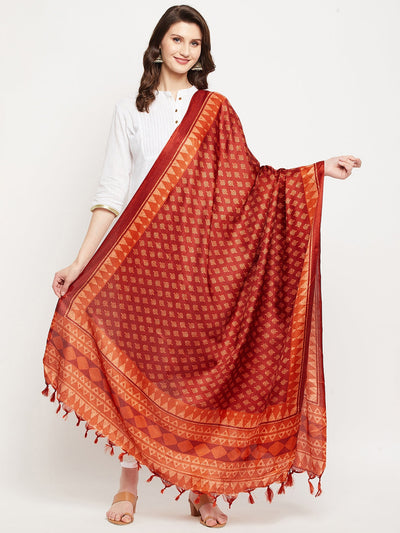 Rust printed silk blend dupatta with ethnic design by Clora Creation.