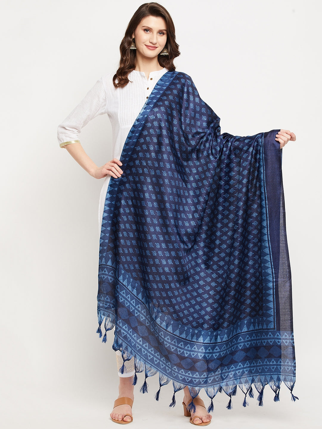 Navy blue printed silk blend dupatta with ethnic design.