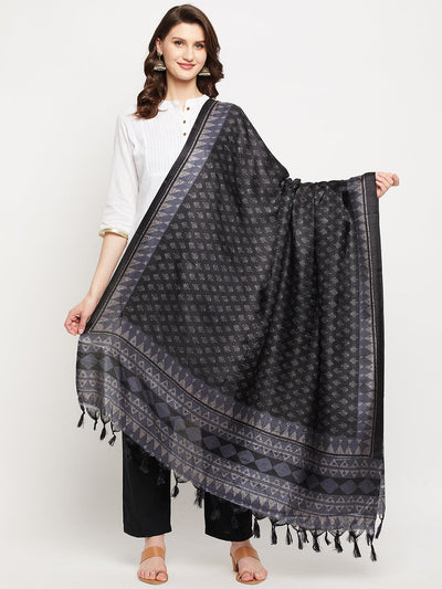 Black printed silk blend dupatta from Clora Creation showcasing ethnic design.