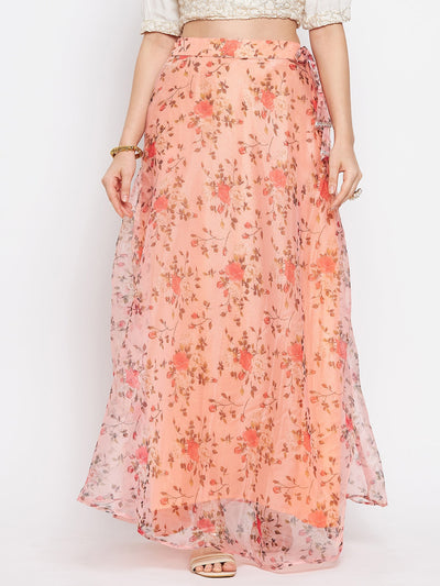 Clora Peach Floral Printed Organza Skirt