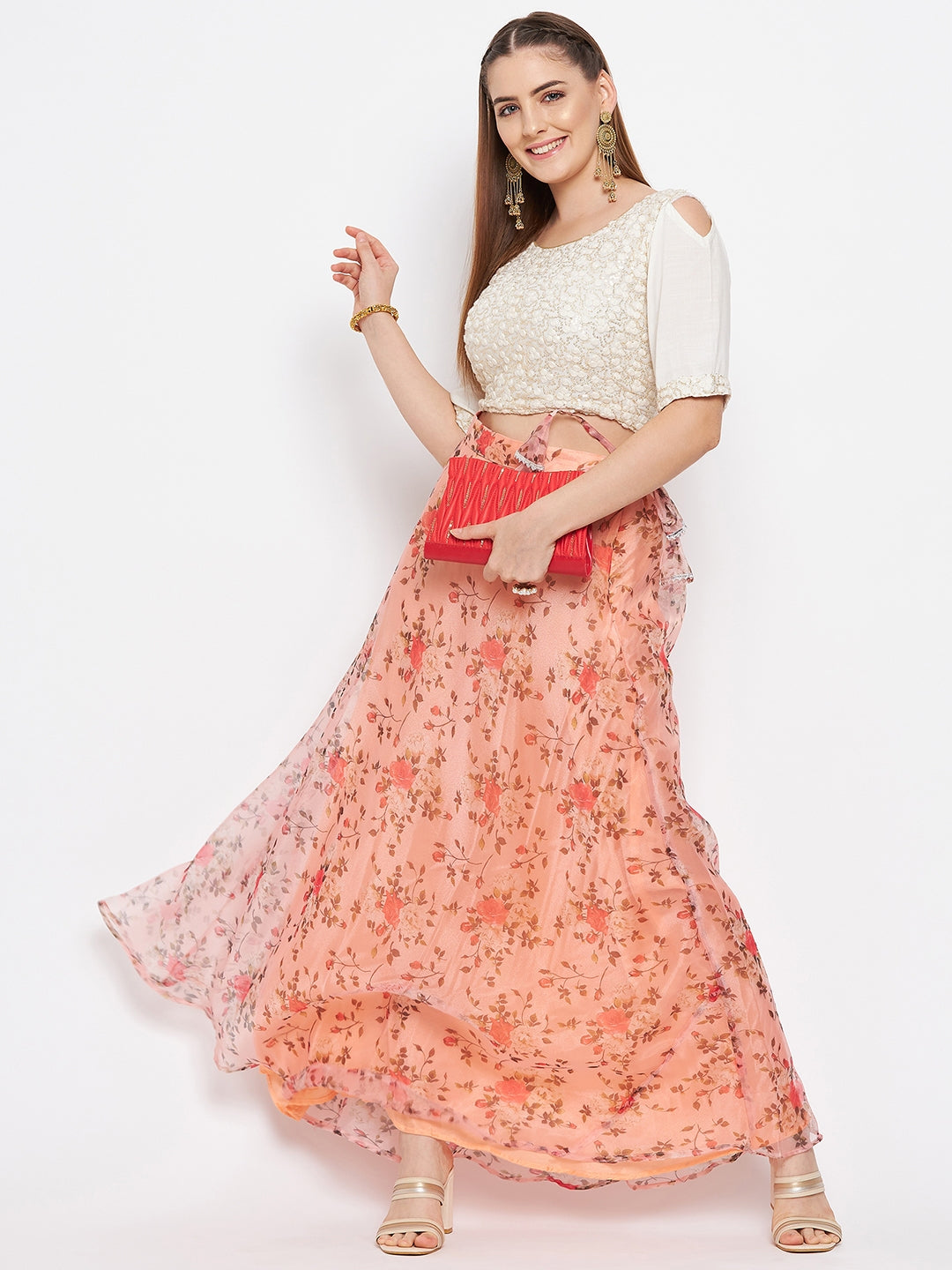 Clora Peach Floral Printed Organza Skirt