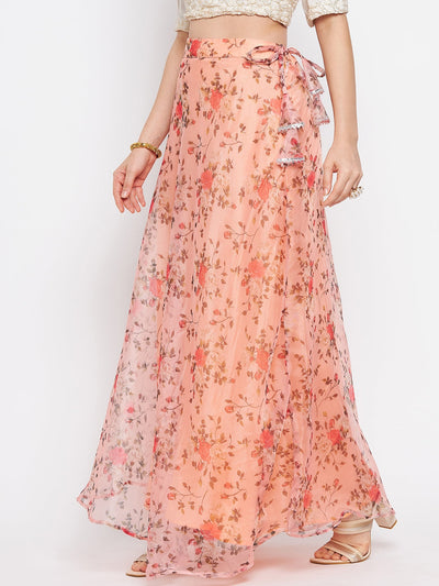 Clora Peach Floral Printed Organza Skirt