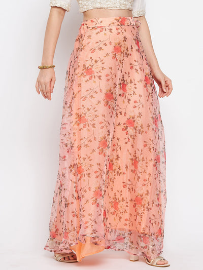 Clora Peach Floral Printed Organza Skirt