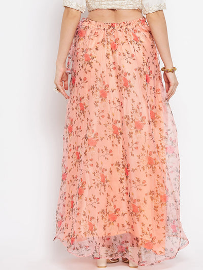 Clora Peach Floral Printed Organza Skirt