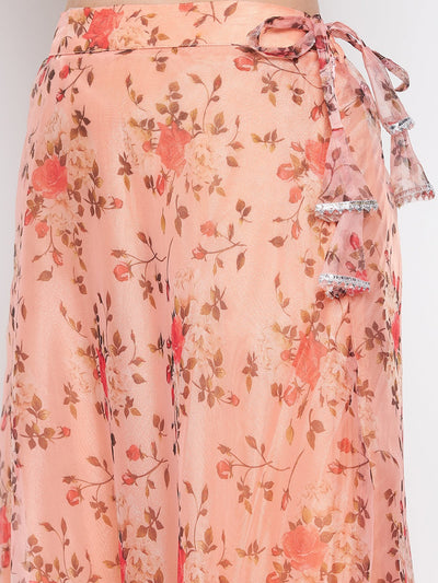 Clora Peach Floral Printed Organza Skirt