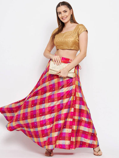 Multicolored printed taffeta skirt with checked pattern and flared hem.