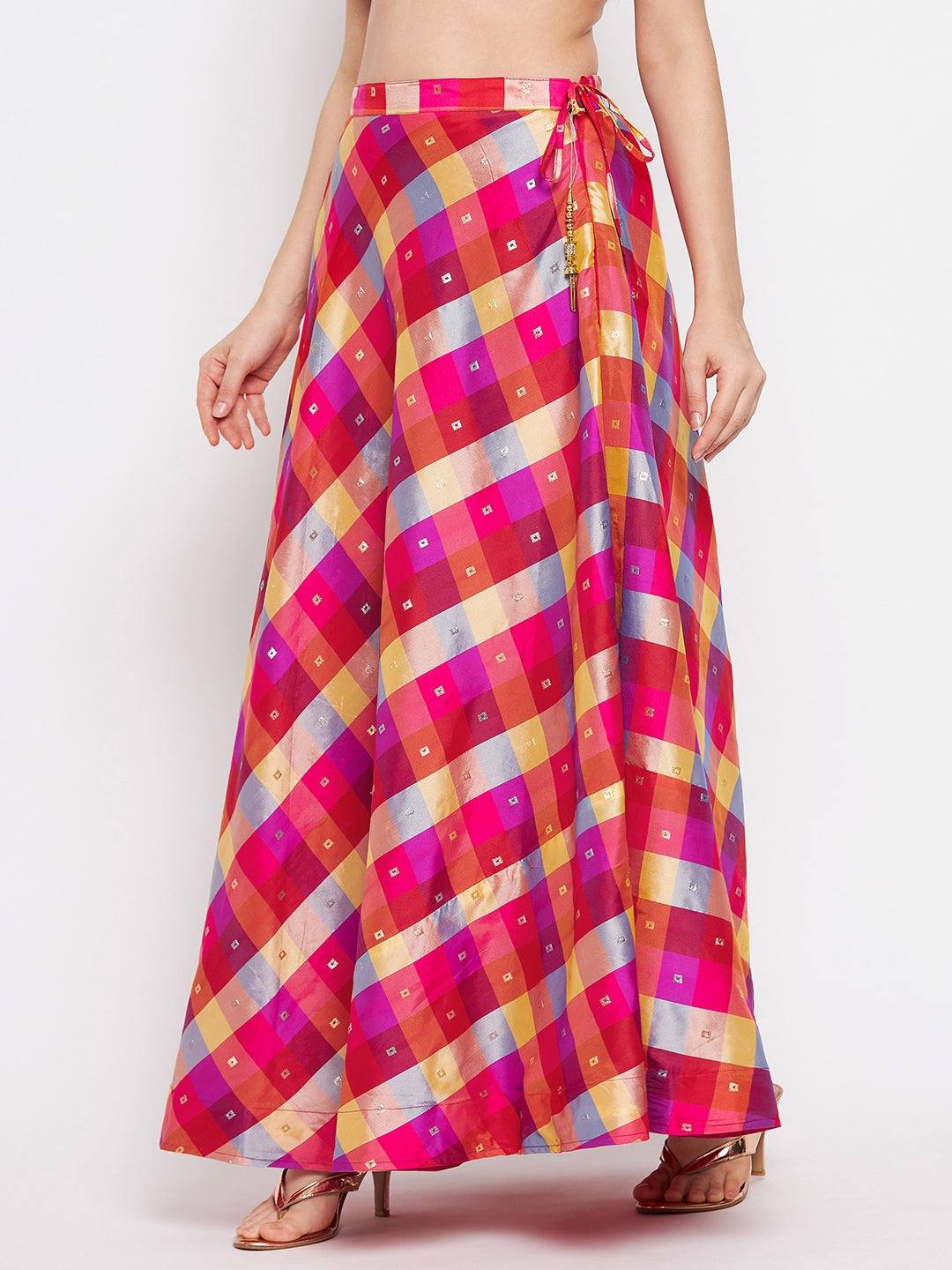 Multicolored printed taffeta skirt with checked pattern and flared hem.