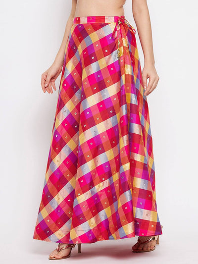 Multicolored printed taffeta skirt with checked pattern and flared hem.