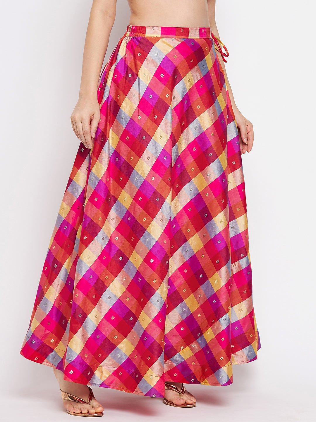 Multicolored printed taffeta skirt with check pattern and flared hem.