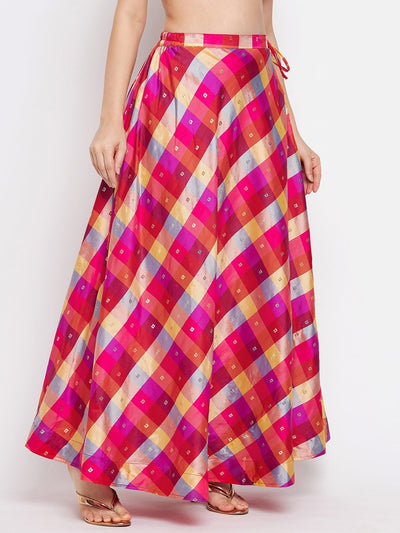 Multicolored printed taffeta skirt with check pattern and flared hem.