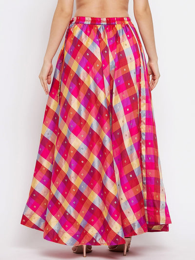 Multicolored printed taffeta skirt with checked design and flared hem.