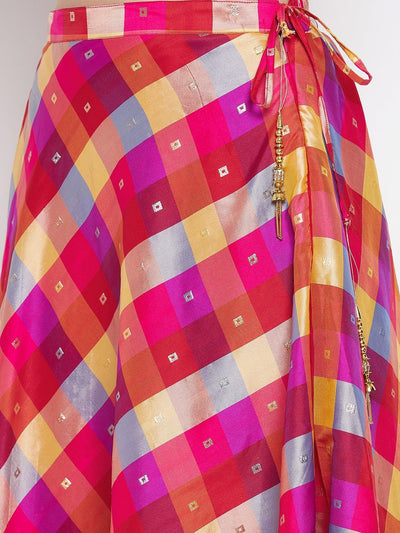 Multicolored printed taffeta skirt with checked design and flared hem.