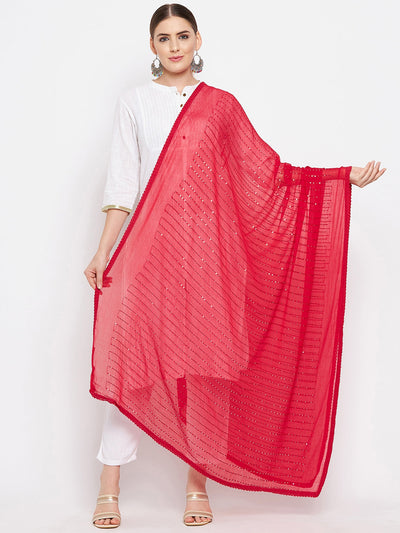 Red Embellished Chiffon Dupatta styled with white kurta set.