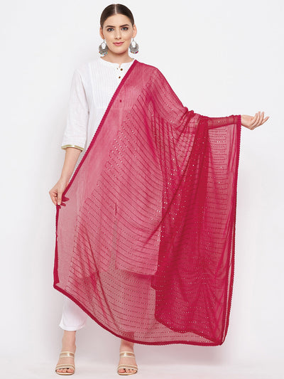 Maroon Embellished Chiffon Dupatta styled with a white kurta.