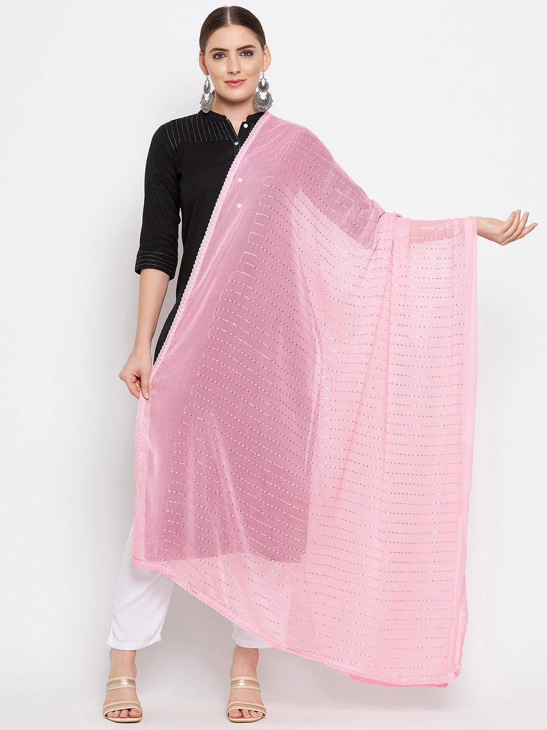 Clora Baby Pink Embellished Chiffon Dupatta