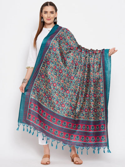 Teal printed silk dupatta with floral design and tassels.