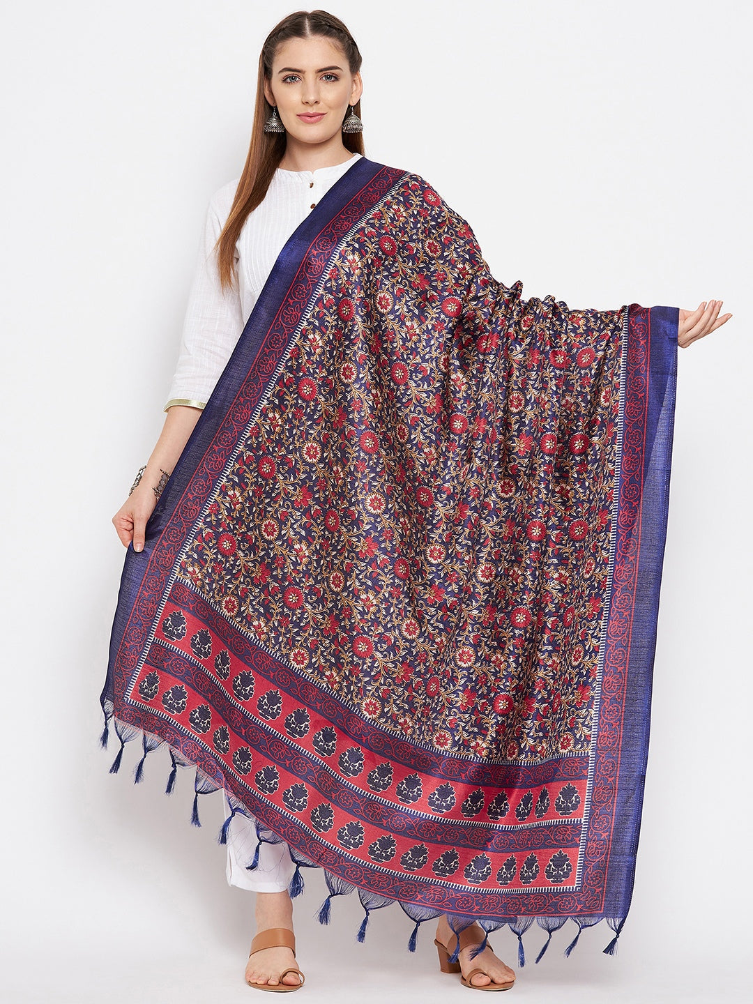 Navy blue printed silk dupatta with ethnic pattern and tassels.