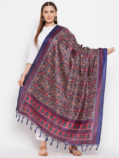 Navy blue printed silk dupatta with ethnic pattern and tassels.