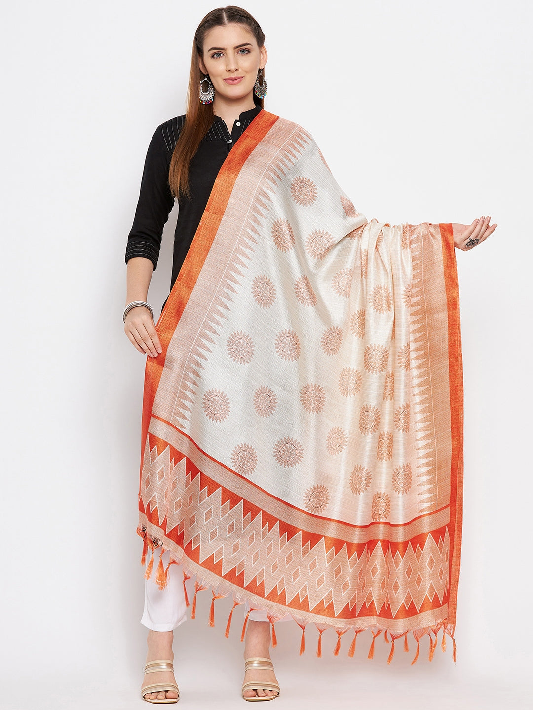 Orange printed silk blend dupatta with ethnic design from Clora Creation.