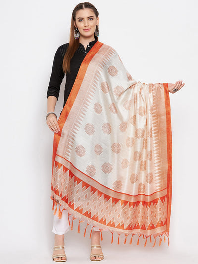 Orange printed silk blend dupatta with ethnic design from Clora Creation.