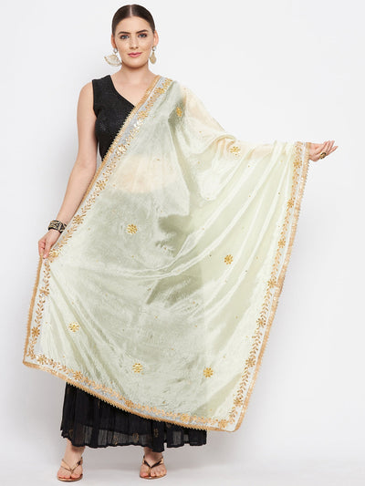 Cream embellished silk blend dupatta styled with kurta set.