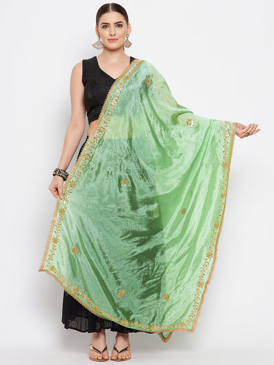 Pista Green Embellished Silk Blend Dupatta styled with a black kurta set.