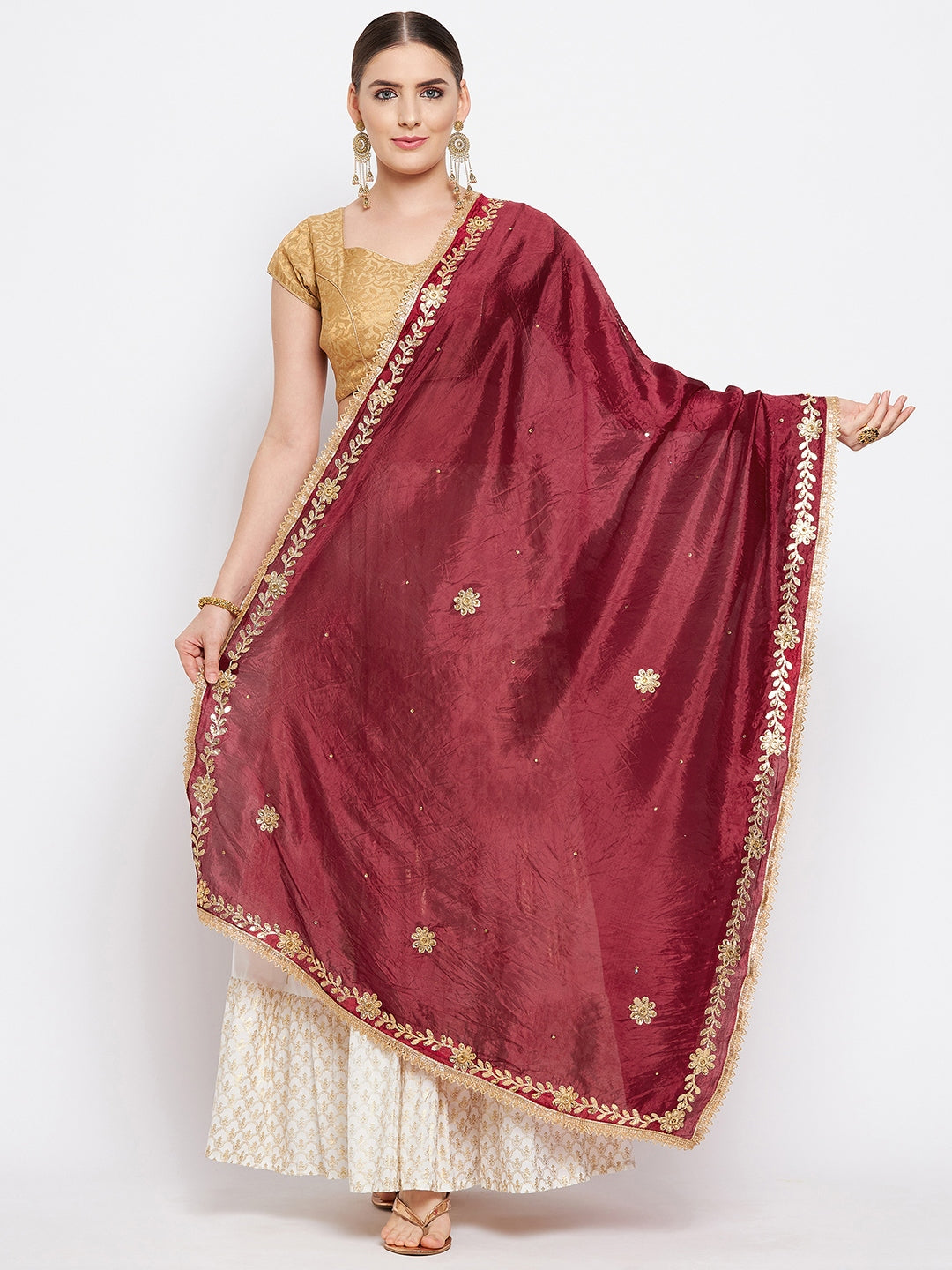 Maroon embellished silk blend dupatta with intricate detailing and gold accents.