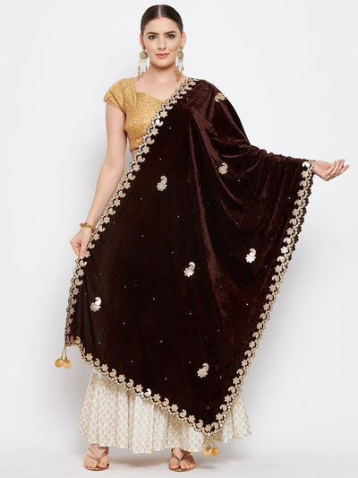 Coffee Gotta Patti Velvet Dupatta with ethnic design by Clora Creation.