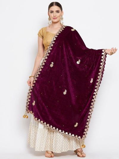 Wine Gotta Patti Velvet Dupatta styled with kurta and palazzo set.