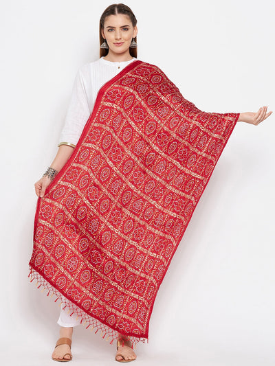 Red Bandhani Print Silk Dupatta with traditional design.