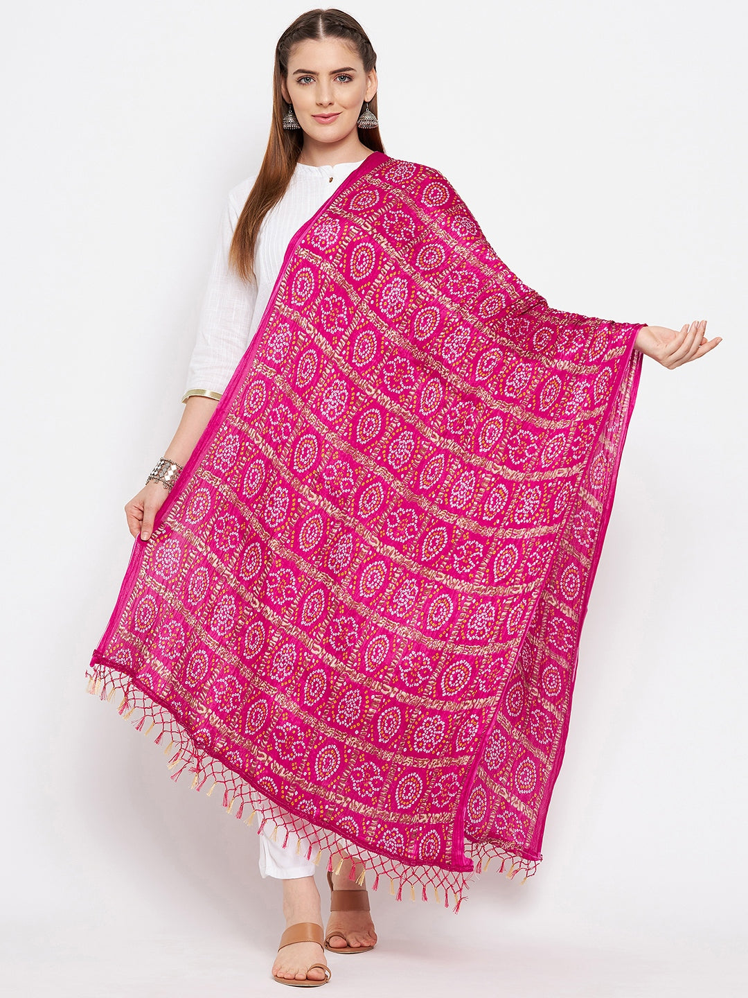 Clora Magenta Bandhani Print Silk Dupatta
