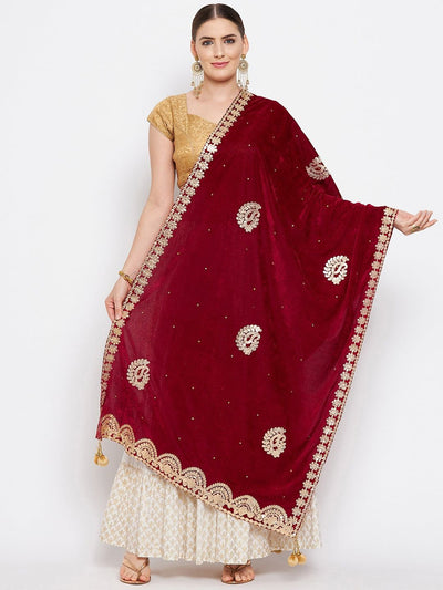 Maroon Gotta Patti Velvet Dupatta made from Velvet - Clora Creation
