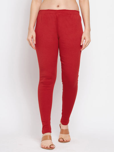 Red solid woolen leggings for women, casual and comfortable.