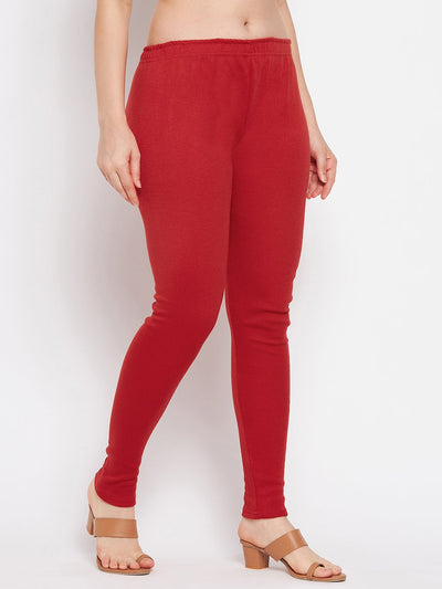 Red solid woolen leggings worn by a model.
